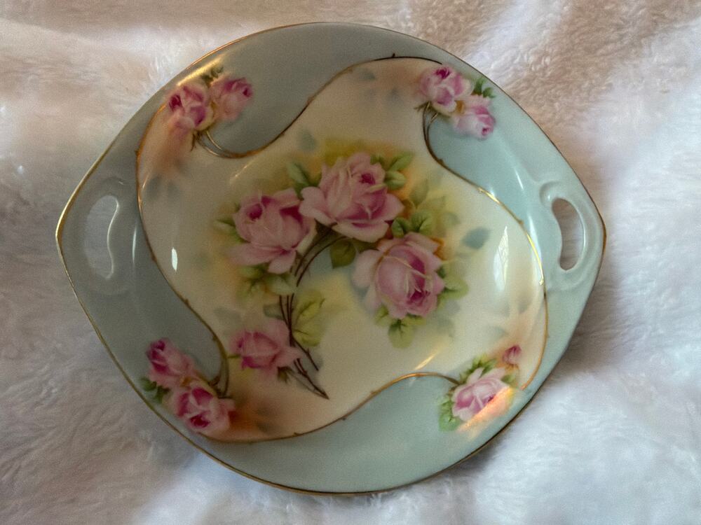 Vintage Royal Rudolstadt Prussia Pink Roses Handled Nut Candy Bowl Gold Trim 6"